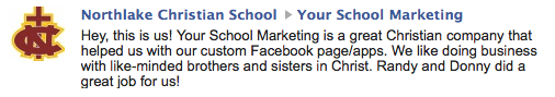 Testimonial from Northlake Christian School - Louisana about Custom Facebook Page